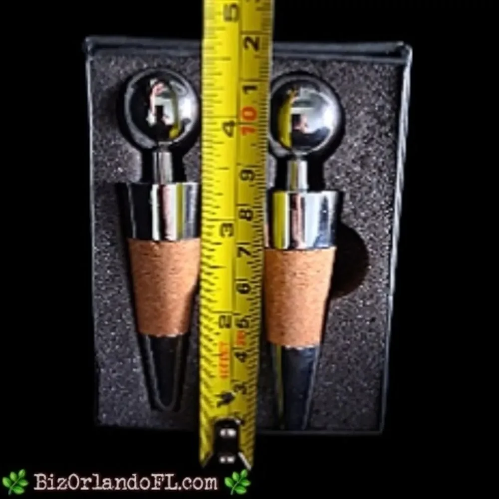 VINTAGE: Leed's Chrome & Cork Wine Decorative Stoppers Set of 2 ** NEW IN BOX **